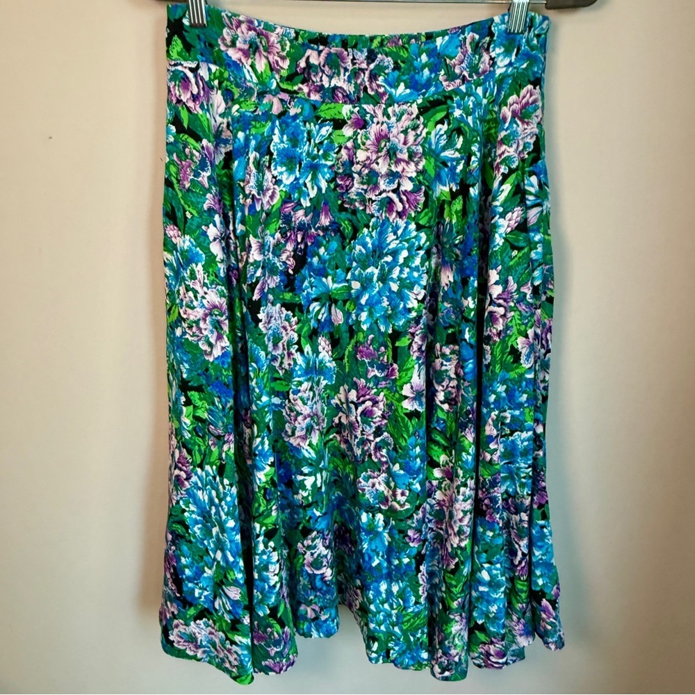 Floral Midi Skirt Blue Green Purple Linen Rayon Pockets Size 8 Cottagecore